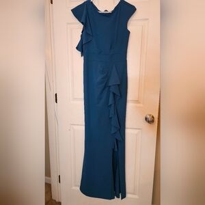 Woosea Sleeveless Mermaid Bodycon Gown Teal Blue Ruffle Slit